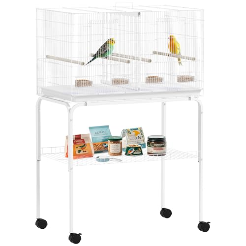 PawHut Vogelkäfig mit Trennwand für Vögel mit Rollen, 4 Futternäpfe, 4 Sitzstangen und herausnehmbarer Tablett, Käfig für Papageien, Kanarienvögel, Wellensittiche, 76 x 46 x 116 cm, Weiß von PawHut