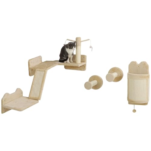 PawHut Wandregale für Katzen, Wandmöbelset für Katzen, 4-teiliges Set, mit Regalen, Kratzbrettern, Sprungplattform, Teasern, Spielzeugball, Beige PawHut Wandregale für Katzen, Wandmöbelset für Katzen, 4-teiliges Set, mit Regalen, Kratzbrettern, Sprungplattform, Teasern, Spielzeugball, Beige von PawHut