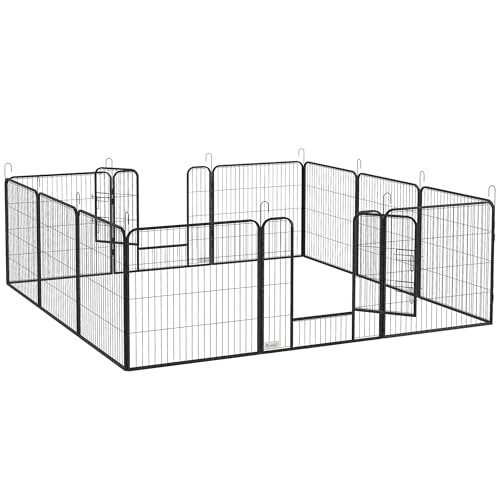 PawHut Welpenauslauf 80 cm Hoch, 12-TLG Welpenlaufstall mit 2 Tür, DIY Hundelaufstall Freilaufgehege Welpenfreigehege für mittelgroße Hunde, Kaninchen, Meerschweinchen, Stahl, Grau von PawHut