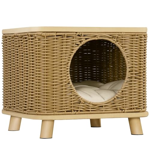 PawHut Wicker Cat House, erhöhtes Design Rattan Katze Bett Korb mit waschbaren weichen Kissen, Tür Loch, für Indoor-Katzen Kätzchen, hellbraun von PawHut