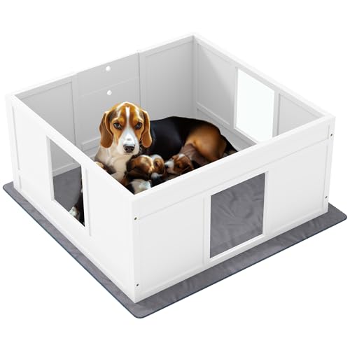 PawHut Wurfkiste für Hunde, Hundewurfkiste, Hundelaufstall mit wasserabweisender, waschbarer Wurfunterlage, Verstellbarer Eingang, rutschfeste Unterlage, für mittelgroße Hunde, Welpen, 100 x 96cm von PawHut