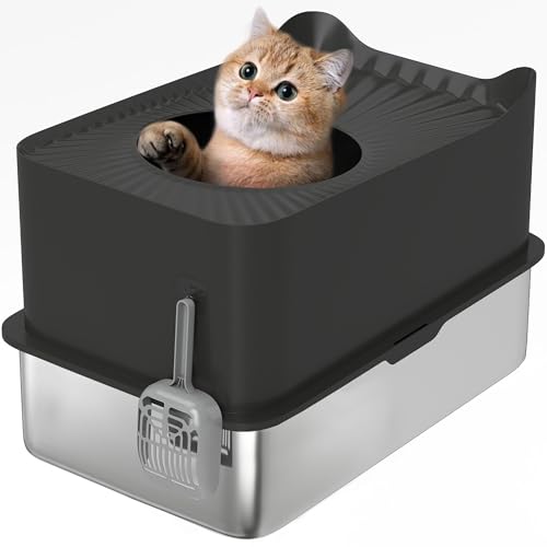 PawHut XXL-Katzentoilette aus Edelstahl, 65L großes Fassungsvermögen, Katzentoilettenhaus, mit Schaufel und rutschfesten Füßen, leicht zu reinigen, 60 x 40 x 38 cm, schwarz von PawHut