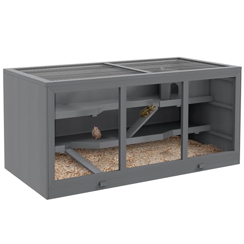 PawHut Zwerghamsterkäfig Nagerkäfig Kleintierstall aus Holz Mäusekäfig mit Treppen Kleintierkäfig Nagervilla Dreistöckig Grau 115 x 57 x 55 cm von PawHut