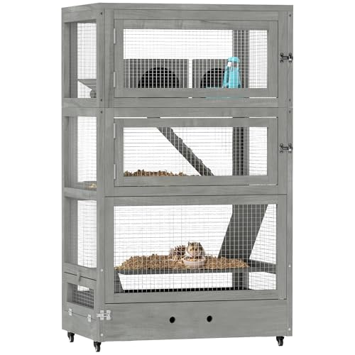 PawHut Hamsterkäfig aus Holz, 65 x 45 x 109 cm Mäusekäfig Nagerkäfig mit Hütten, Wippe, Palette, Futterschalen, 4-Stufig Kleintierkäfig mit Schloss, Rampen, Rollen, für Zwerghamster Grau PawHut Hamsterkäfig aus Holz, 65 x 45 x 109 cm Mäusekäfig Nagerkäfig mit Hütten, Wippe, Palette, Futterschalen, 4-Stufig Kleintierkäfig mit Schloss, Rampen, Rollen, für Zwerghamster Grau von PawHut