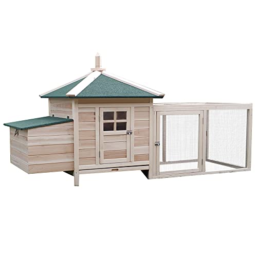 PawHut Hühnerstall für Zwerghühner 196 x 76 x 97 cm Hühnerhaus mit Nistkasten, Freilaufgehege Sitzstange, Kleintierstall aus Holz, Natur von PawHut