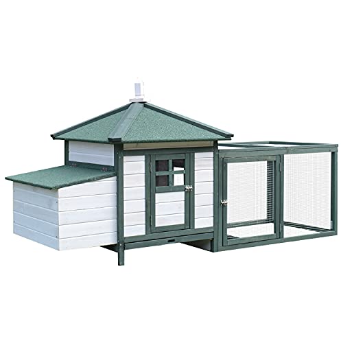 PawHut Hühnerstall für Zwerghühner 196 x 76 x 97 cm Hühnerhaus mit Nistkasten, Freilaufgehege Sitzstange, Kleintierstall aus Holz, Grün von PawHut
