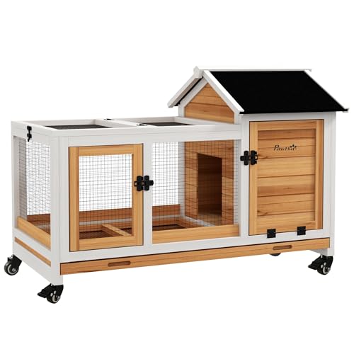 PawHut Zwergkaninchenstall aus Holz, 108 x 58 x 73,5 cm Kleintierstall mit Freilaufgehege, Rädern, Klappdach, Zwergkaninchenkäfig mit Ausziehbarem Tablett für Indoor, Outdoor, Gelb von PawHut