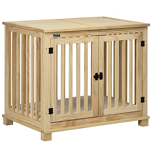 Pawhut Hundekäfig, Tierkäfig aus Holz, Haustierkäfig für mittelgroße Hunde, Hundehütte mit Kissen, Hundebox, Indoor, Naturholz+Cremeweiß, 82,5 x 57 x 72 cm Pawhut Hundekäfig, Tierkäfig aus Holz, Haustierkäfig für mittelgroße Hunde, Hundehütte mit Kissen, Hundebox, Indoor, Naturholz+Cremeweiß, 82,5 x 57 x 72 cm von PawHut