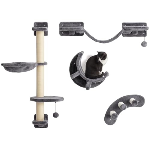 PwaHut Kletterwand Katzen 4-teilig Katzen Kletterwand Set mit Hängematte, Katzenbrücke, Kratzbaum mit Hängeball, Plüsch-Wandkratzbaum, Katzenmöbel bis zu 5 kg, Dunkelgrau von PawHut