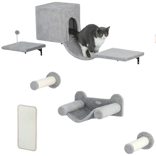 PwaHut Kletterwand Katzen 6-teilig Katzen Kletterwand Set mit Katzenhaus, Hängematte, Plattform, Kratzbaum mit Kratzbrett, Plüsch-Wandkratzbaum, Katzenmöbel für Katzen bis zu 5 kg, Grau PwaHut Kletterwand Katzen 6-teilig Katzen Kletterwand Set mit Katzenhaus, Hängematte, Plattform, Kratzbaum mit Kratzbrett, Plüsch-Wandkratzbaum, Katzenmöbel für Katzen bis zu 5 kg, Grau von PawHut