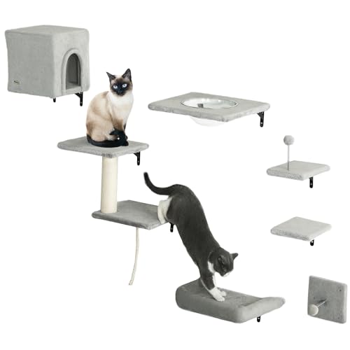 PwaHut Kletterwand Katzen 7-teilig Katzen Kletterwand Set mit Katzenhaus, Plattform, Kratzbaum mit Hängeball, Plüsch-Wandkratzbaum, Katzenmöbel für Katzen bis zu 5 kg, Grau PwaHut Kletterwand Katzen 7-teilig Katzen Kletterwand Set mit Katzenhaus, Plattform, Kratzbaum mit Hängeball, Plüsch-Wandkratzbaum, Katzenmöbel für Katzen bis zu 5 kg, Grau von PawHut