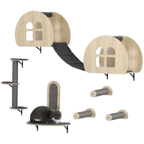 PwaHut Kletterwand Katzen 7-teilig Katzen Kletterwand Set mit Sisalpfostenleiter, Plattform, Kratzbaum mit Kratzbrett, Höhle, Katzenmöbel für Katzen bis zu 5 kg, Grau+Eiche PwaHut Kletterwand Katzen 7-teilig Katzen Kletterwand Set mit Sisalpfostenleiter, Plattform, Kratzbaum mit Kratzbrett, Höhle, Katzenmöbel für Katzen bis zu 5 kg, Grau+Eiche von PawHut