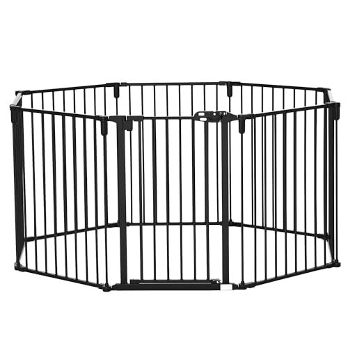 Sicherheitsgitter – Laufstall für Hunde, modular, faltbar, verschließbare Tür, 8 Platten aus Stahl und Polypropylen, Maße: 482,5 l max. x 76 cm, Schwarz von PawHut
