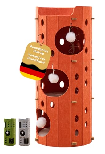 PawLis Premium-Kratztonne für Katzen – modernes Katzenmöbel mit 4 Etagen & 3 Katzenhöhlen, Filz, stabile Kratzbaum-Alternative mit Spielball, leise & platzsparend (90 cm hoch) von PawLis