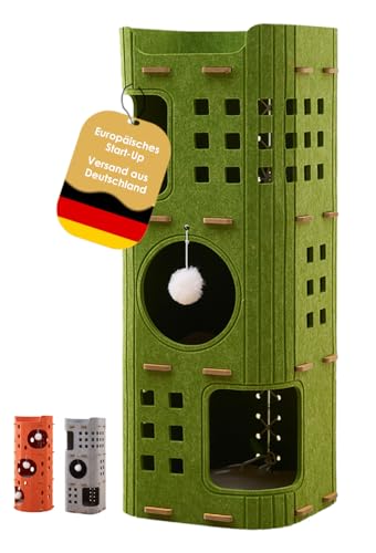 PawLis Premium-Kratztonne für Katzen – modernes Katzenmöbel mit 4 Etagen & 3 Katzenhöhlen, Filz, stabile Kratzbaum-Alternative mit Spielball, leise & platzsparend (90 cm hoch) von PawLis