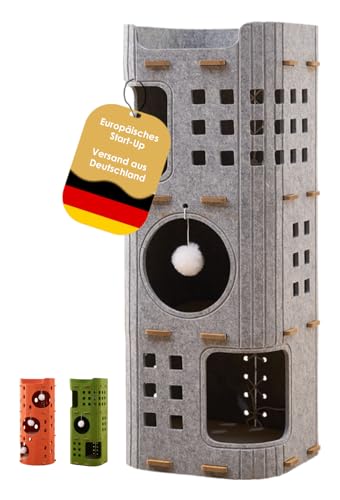 PawLis Premium-Kratztonne für Katzen – modernes Katzenmöbel mit 4 Etagen & 3 Katzenhöhlen, Filz, stabile Kratzbaum-Alternative mit Spielball, leise & platzsparend (90 cm hoch) von PawLis