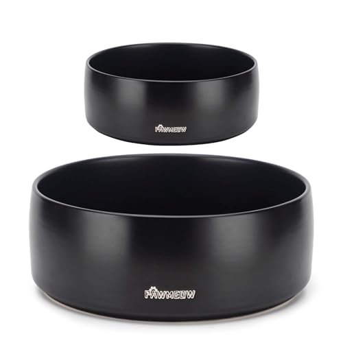 PawMeow Keramik-Hundenäpfe, 2 große, auslaufsichere moderne Futternäpfe für kleine und große Hunde, Schwarz, 14 cm + 20 cm von PawMeow