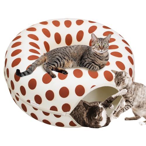 Großes Katzentunnelbett, kratzfestes Katzenhaus – Indoor-Katzenhöhle für mehrere Katzen – Peekaboo Katzenversteck mit abnehmbarem und waschbarem Donut-Bett – gepunktetes Beige (61 x 61 x 27 cm) von PawPalace