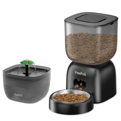 Automatischer Katzenfutterspender und Wasserspender - Zeitgesteuerter Haustier-Trockenfutterspender Programmierbare Portionskontrolle Pet Feeder Katzenfutterspender für Katzen und Welpen, Schwarz von PawPoll