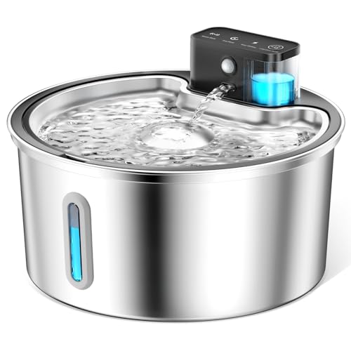 PawPoll Kabelloser Katzenwasserbrunnen Edelstahl - 3,2L/3,061.7 g schnurloser Haustier-Wasserbrunnen Batteriebetriebener Katzenwasserspender Ultra Silent Wasserbrunnen für Katzen und Hunde von PawPoll