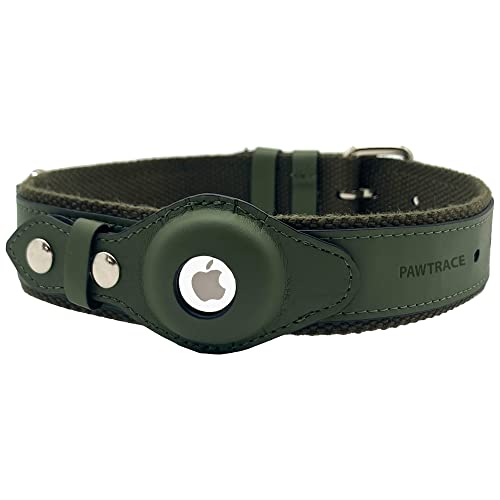PawTrace AirTag Veganes Hundehalsband. Stabiles Halsband aus veganem Leder kompatibel mit Apple AirTag. Komfortablere Schutz für kleine & große Hunde. GPS Hundeband in Dunkelgrün. Verstellbar (S) von PawTrace