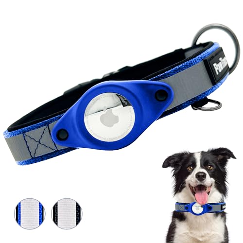PawTrace AirTag Hundehalsband reflektierend - Gepolstertes GPS Halsband Hund kompatibel mit Apple AirTag Hundehalsbänder - Komfortables Hundeband für große und kleine Hunde - Verstellbar (L, Blau) von PawTrace