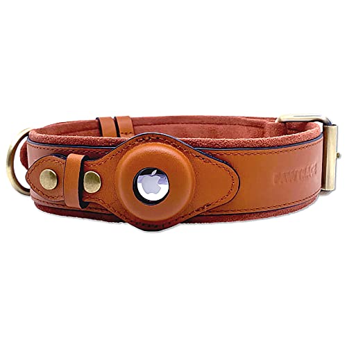 PawTrace Airtag Hundehalsband Leder. Stabiles Halsband aus Echtleder kompatibel mit Apple AirTag. Komfortablere Schutz für kleine & große Hunde. GPS Hundeband in Braun. Verstellbar (XS) von PawTrace