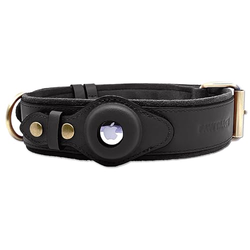 PawTrace Airtag Hundehalsband Leder. Stabiles Halsband aus Echtleder kompatibel mit Apple AirTag. Komfortablere Schutz für kleine & große Hunde. GPS Hundeband in Schwarz. Verstellbar (M) von PawTrace