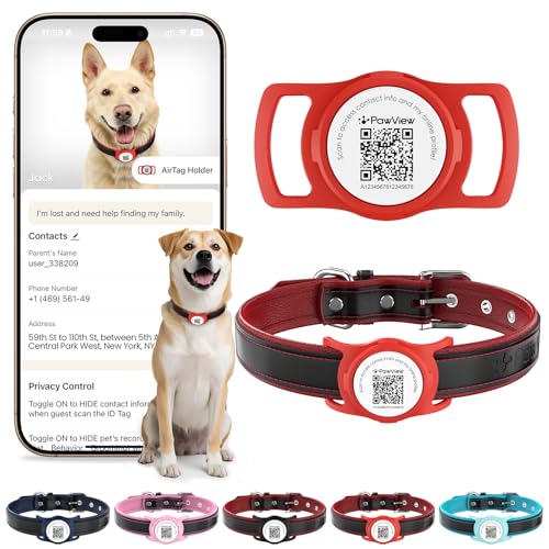 PawView Gepolstertes Hundehalsband aus echtem Leder, intelligenter AirTag-Halter, weich und bequem, für kleine, mittelgroße und große Rassen, langlebig (M, 35,5–51 cm, Rot und Rot) von PawView