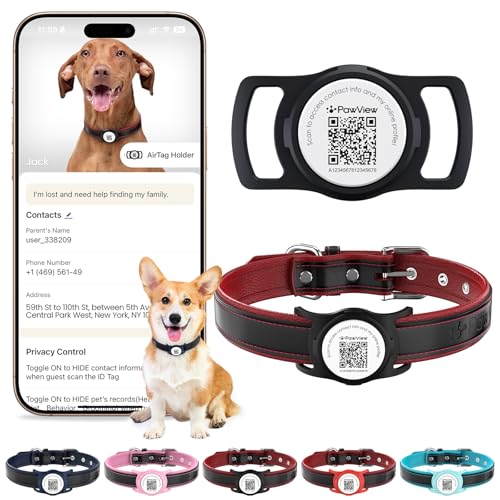 PawView Gepolstertes Hundehalsband aus echtem Leder, intelligenter AirTag-Halter, weich und bequem, für kleine, mittelgroße und große Rassen, langlebig (S, 28–42 cm, Rot und Schwarz) von PawView