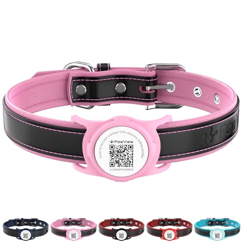 PawView Hundehalsband aus echtem Leder mit AirTag-Halter, verstellbar und personalisierbar für kleine Hunde, atmungsaktives PU-Futter, Anti-Verlust-QR-Code (S, Violett) von PawView