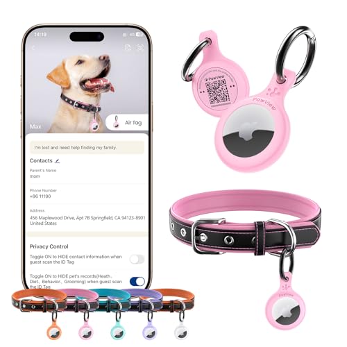 PawView Hundehalsband aus echtem Leder mit Smart-ID-Tag, verstellbar und personalisiert für kleine Hunde, atmungsaktives PU-Futter, Anti-Verlust-QR-Code (S, Rosa) von PawView