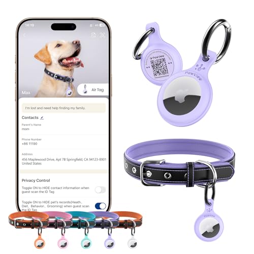 PawView Hundehalsband aus echtem Leder mit Smart-ID-Tag, verstellbar und personalisiert für kleine Hunde, atmungsaktives PU-Futter, Anti-Verlust-QR-Code (S, Violett) von PawView