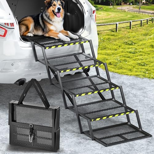 Extra Breite Auto Hunderampe, Faltbare Hundetreppe für Große Hunde mit Rutschfester Oberfläche & Reflektierendem Band, Tragbare Hundeautorampe für Autos, SUVs, LKWs, bis zu 400 lbs, 36''-43'' Höhe von Pawaboo