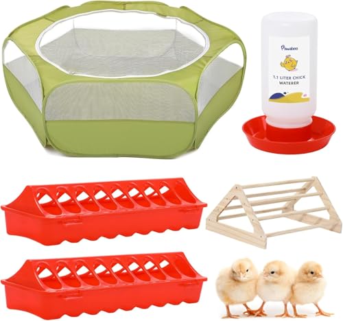 Pawaboo 5-In-1 Hühnerbrutkasten für Küken Starter Kit, Enthält Haustier Käfig Zelt, Küken Barsch, Kükenfütterung, 1,1L Kükenbewässerer, Baby-Küken-Zubehör (Brooder Set), Grün + Rot + Holz Farbe von Pawaboo