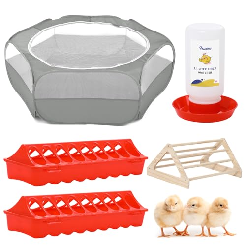 Pawaboo 5-In-1 Hühnerbrutkasten für Küken Starter Kit, Enthält Haustier Käfig Zelt, Kükens Barsch, Kükenfütterung, 1,1L Kükenbewässerer, Baby-Küken-Zubehör (Brooder Set), Grau von Pawaboo