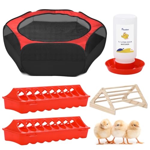 Pawaboo 5-In-1 Hühnerbrutkasten für Küken Starter Kit, Enthält Haustier Käfig Zelt, Kükens Barsch, Kükenfütterung, 1,1L Kükenbewässerer, Baby-Küken-Zubehör (Brooder Set), Rot+Schwarz von Pawaboo