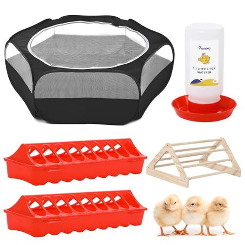 Pawaboo 5-In-1 Hühnerbrutkasten für Küken Starter Kit, Enthält Haustier Käfig Zelt, Kükens Barsch, Kükenfütterung, 1,1L Kükenbewässerer, Baby-Küken-Zubehör (Brooder Set), Schwarz von Pawaboo