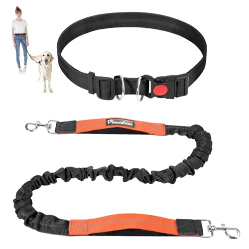 Pawaboo Elastisch Hunde Jogging Leine mit Bauchgurt, Freihändig Reflektierend Freihandleine mit Breiterem Gürtel, Strapazierfähige Bungee-Leine mit Gepolstertem Griff für Hunde 11,3-68 KG, Schwarz von Pawaboo