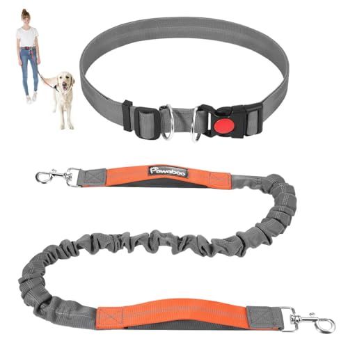 Pawaboo Elastisch Hunde Jogging Leine mit Bauchgurt, Freihändig Reflektierend Freihandleine mit Breiterem Gürtel, Strapazierfähige Bungee-Leine mit Gepolstertem Griff für Hunde 11,3-68 KG, Grau von Pawaboo