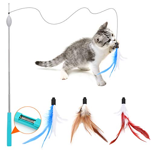 Pawaboo Elektrisch Interaktiv Katzenspielzeug, Einziehbar Katzenangel mit 3 Ersatz Angelköder aus Feder und Glocke, Automatisch Drehbar Schnur Feder, Federspielzeug für Katze Kätzchen Kitten Spaß von Pawaboo