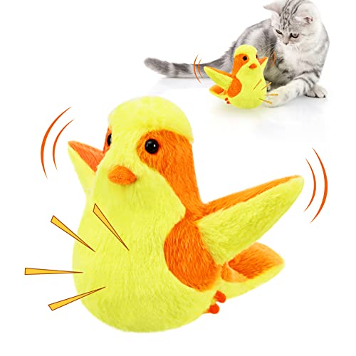 Pawaboo Elektrisches Katzenspielzeug, Vogelform Quietschspielzeug für Katze Spiel Training Stressabbau, Interaktives Spielzeug mit Realistischen Vogelstimmen Plüsch Spielzeug, Gelb + Orange von Pawaboo