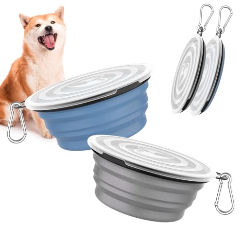 Pawaboo Faltbar Hundenapf, 2 Stück 1000 ml Hund Reisenäpfe Tragbar Silikon Auslaufsicher Trinknapf Fressnapf mit Deckel und Karabiner für Hunde Katzen Spaziergänge Unterwegs, Blau + Grau von Pawaboo