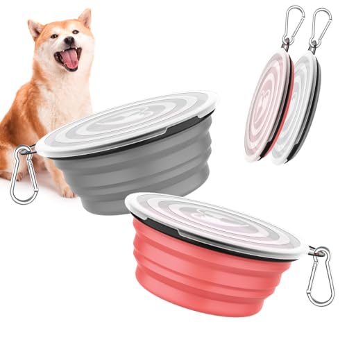 Pawaboo Faltbar Hundenapf, 2 Stück 1000 ml Hund Reisenäpfe Tragbar Silikon Auslaufsicher Trinknapf Fressnapf mit Deckel und Karabiner für Hunde Katzen Spaziergänge Unterwegs, Hellrosa + Grau von Pawaboo