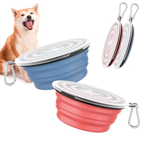 Pawaboo Faltbar Hundenapf, 2 Stück 450ml Hund Reisenäpfe Tragbar Silikon Auslaufsicher Trinknapf Fressnapf mit Deckel und Karabiner für Hunde Katzen Spaziergänge Unterwegs, Hellrosa + Blau von Pawaboo