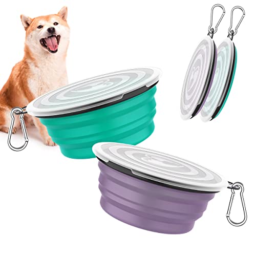 Pawaboo Faltbar Hundenapf, 2 Stück 450ml Hund Reisenäpfe Tragbar Silikon Auslaufsicher Trinknapf Fressnapf mit Deckel und Karabiner für Hunde Katzen Spaziergänge Unterwegs - Türkis + Lila von Pawaboo