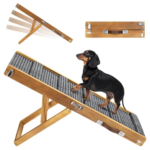 Pawaboo Faltbare Hunderampe, Tragbare Haustiertreppe aus Holz, 4 Verstellbare Höhen 13,6" bis 21", Hundetreppe für Kleine Hunde und Katzen mit Rutschfester Matte für Niedriges Bett Couch, Walnuss von Pawaboo