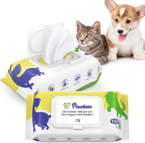 Pawaboo Feuchttücher für Haustiere, Hypoallergene Pflegetücher Hund mit Deckel Pet Tücher, Reinigungstücher für Reinigen Desodorieren, Abwischtücher Katzen für Pfote Ohr Körper, 2 Packungen/200 Stück von Pawaboo