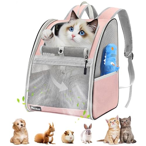 Pawaboo katzenrucksack, hunderucksack für Katzen Hunde Welpen mit Fenster, Haustier Rucksack cat Backpack Dog Backpack mit Atmungsaktivem Mesh für Wandern - Rosa, Bis 10KG von Pawaboo