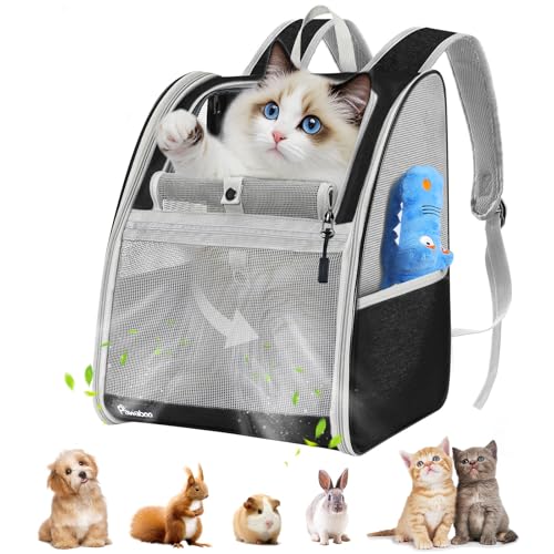 Pawaboo katzenrucksack, hunderucksack für Katzen Hunde Welpen mit Fenster, Haustier Rucksack cat Backpack Dog Backpack mit Atmungsaktivem Mesh für Wandern - Schwarz, Bis 10KG von Pawaboo